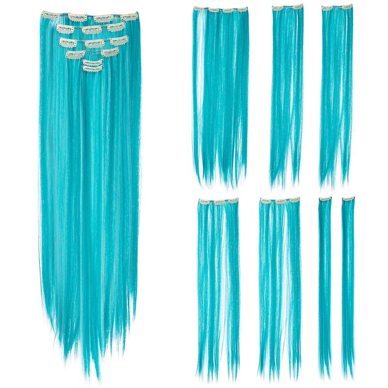 SWACC 7 Pcs Full Head Party Highlights Clip on in Hair Extensions For Women Colored Hair Streak Synthetic Hairpieces (22-Inch Straight, Teal Blue) - Image 1